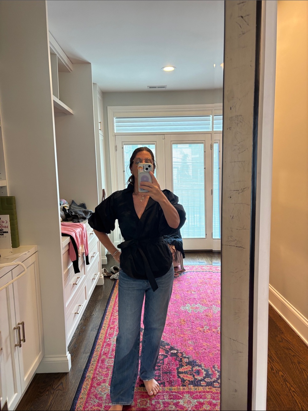 Jonathan Simkhai Black Puff-Sleeve Wrap Blouse with Self-Tie Waist - Picture 5 of 6